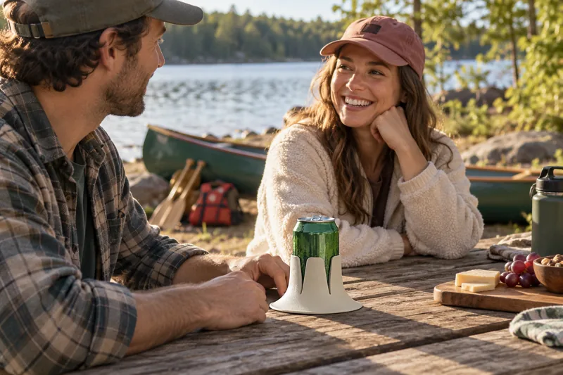 Paddlers taking a shore break at a picnic table, with their drink in Steadi within reach and a canoe on dry land behind them. AI lifestyle illustration.