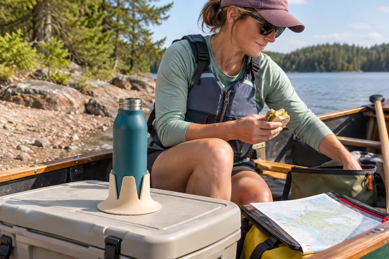 Adult canoeist taking a shore break beside beached canoe with uncapped reusable narrow-base water bottle in Steadi on broad level cooler lid secured flat in beached canoe, resting ashore. AI illustration.