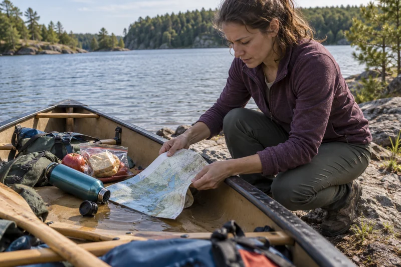 Reaching for packed lunch knocks bottle; water wets route map in open canoe gear area. AI illustration.